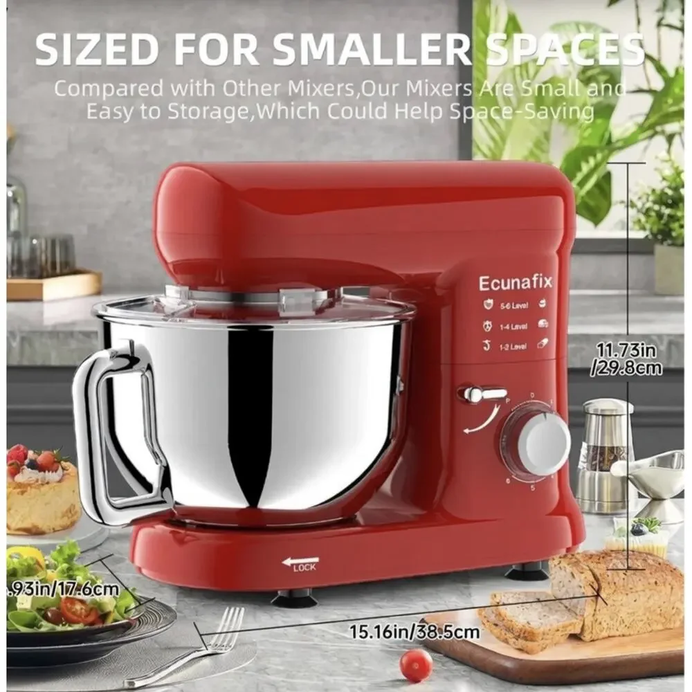 Ecunafix 6.5Qt Stand Mixer 660W 6-Speed Tilt-Head - Red